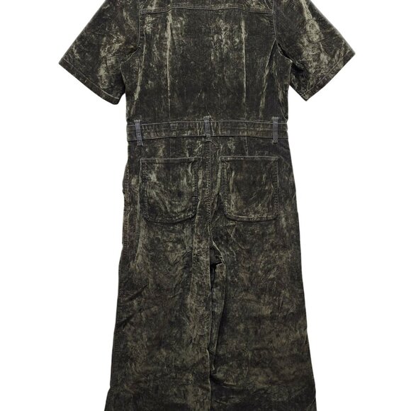 Utility-Style Velvet Jumpsuit Overalls Size 14 Short Sleeve Zipper Front Green - Picture 3 of 8